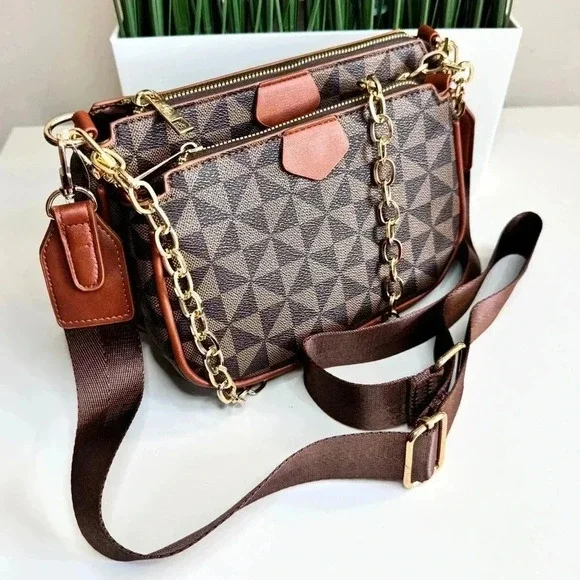 Designer Style Monogram Crossbody Bag Brown Gold Chain NWT - Picture 4 of 13